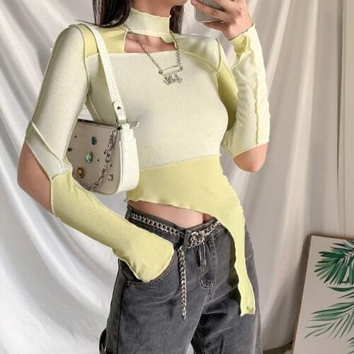 2021 Autumn Colorblock Long Sleeve T-shirt Crop Tops Women Turtleneck Hollow Out Irregular Tee Tops Club Sexy Shirts Female