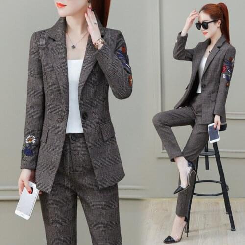 Long-sleeved embroidery small suit jacket feet pants suit two-piece female lattice OL temperament business suit dress uniforms
