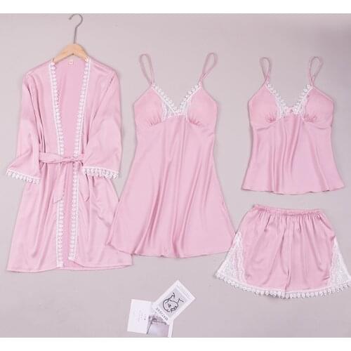 2021 New 4PCS Ladies Pajamas Suit Sexy V-Neck Strap Top&Shorts Home Wear Lace Trim Faux Silk Sleepwear Spring Autumn Nightwear
