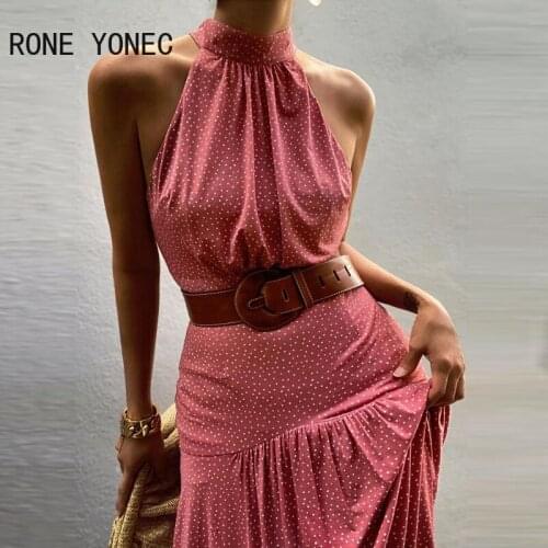 Women Elegant Dress Polkadot Print Ruffles Halter Tank Dress Mini Dress Summer Dress