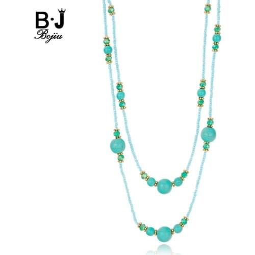 BOJIU Fashion Teal Blue Chain Necklace Women Round Crystal Bead Necklace Natural Stone Long Chain Jewelry Accessories Hot NKS181