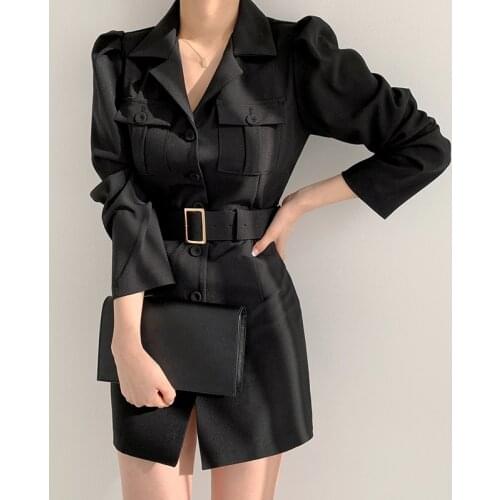 Runway Elegant A-Line High Waist Long Sleeve Party 2021 Spring Dress for Women Vintage Autumn Luxury Slim Solid Black French
