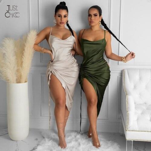 Justchicc Satin Slit Midi Vintage Dress Women Drawstring Backless Elegant Party Clothes Vestido Dress Solid Sleexeless 2020Robe