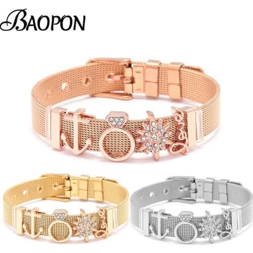 BAOPON Jewelry Crystal Arrow Infinity Love Slide Charms Keeper Fine Bracelets Stainless Steel Mesh Bracelets as Women Gift