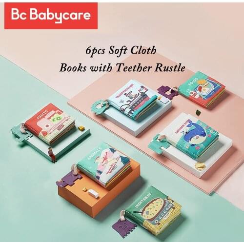 BC Babycare 6pcs Soft Cloth Books with Teether Rustle Sound 3D Baby Infant Sensory Educational Learning Animal Tails Book Toys