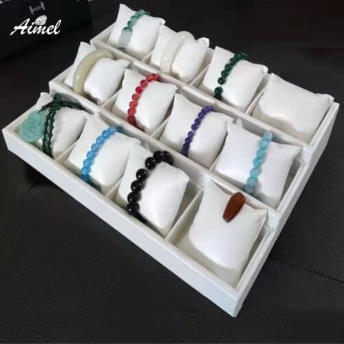 White PU Bracelet Jewelry Display Tray With Pillow Cushion Holder 12 Grid Bangel Watch Storage Case 3Tier Chain Ring Display Box