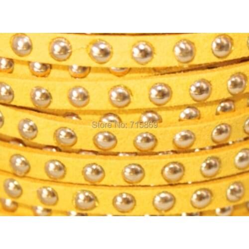 Free Ship 100 Meters Golden Yellow 5 x1.5mm w/ Gold Rivet Accents Microfiber Flat Faux Suede LeatherLace Cord For DIYJewelry