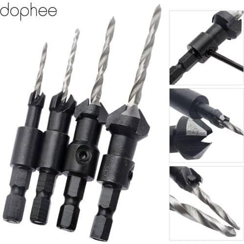 Dophee Arrival 4pcs Quick Change Carpentry Countersink Drill Bit Set Hole Saw Woodworking Tools Mini Drill Wrench #6 #10 #13 #16