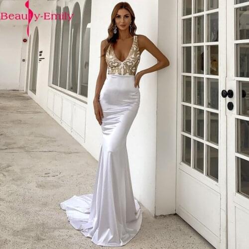 Elegant V Neck Sleeveless Sequined Evening Gowns for Women 2021 Sexy Lace Up Back White Formal Mermaid Dress with Chapel Train