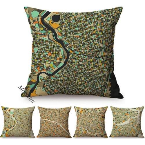 World Famous City Map Design Decoration Sofa Pillow Case Paris Washington Abstract Geometric Pattern Linen Cushion Cover Cojines