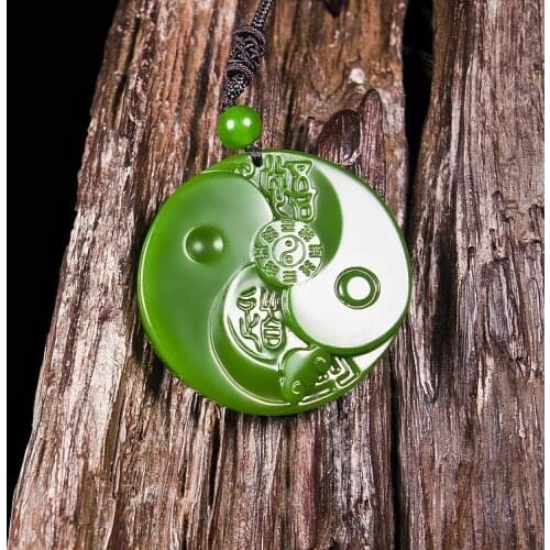 Chinese Natural Green Jade Taiji Bagua Pendant Necklace Hand-Carved Charm Jadeite Jewelry Fashion Amulet Gifts for Men Women