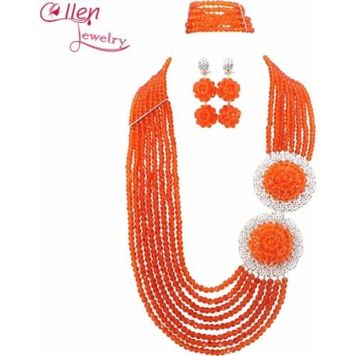 Orange 8 Rows African Beads Jewelry Set nigerian wedding bridal Crystal Beads Necklace Set African style necklace jewelry W6674