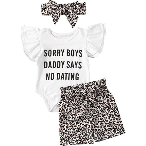 0-24M Toddler Baby Girls Clothes Sets Letter Ruffles Short Sleeve Romper Tops+Leopard Skirts+Headband