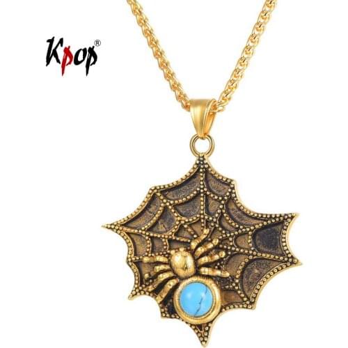 Kpop Spider Web Necklace Punk Rock Animal Jewelry Stainless Steel Gold Color Green Stone Spider Pendant Necklace for Men P3238