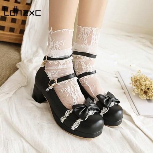 LDHZXC College Student Shoes Girl Lolita Shoes JK Uniform PU Leather Platform Heels Ankle Strap Womens Pumps New Spring