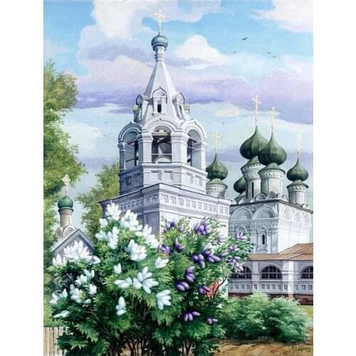 Lilac at the temple painting by numbers on canvas cheap landscape wall art picutre coloring by numbers for home decor