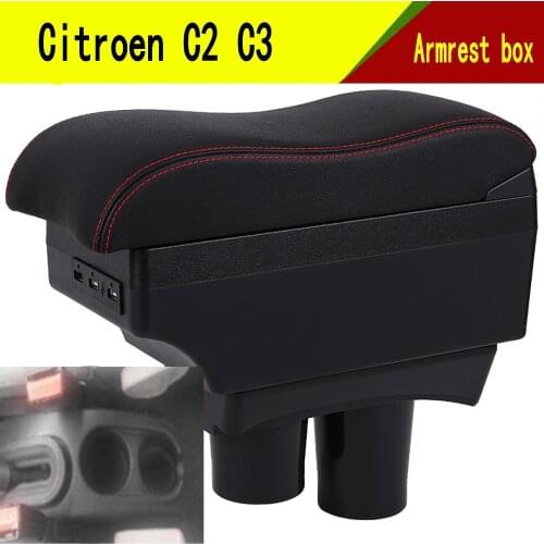 For Citroen C2 C3 armrest box USB Charging Double layer central Store content cup holder ashtray accessories