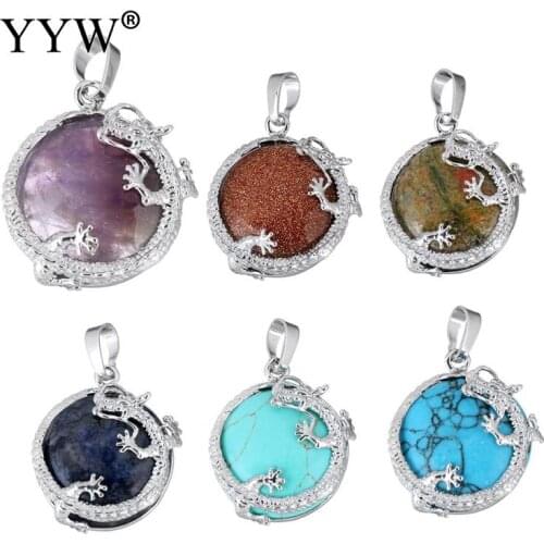Gem stone Pendants Jewelry with Brass Flat Round Necklace Pendant plated natural & different materials for choice more colors
