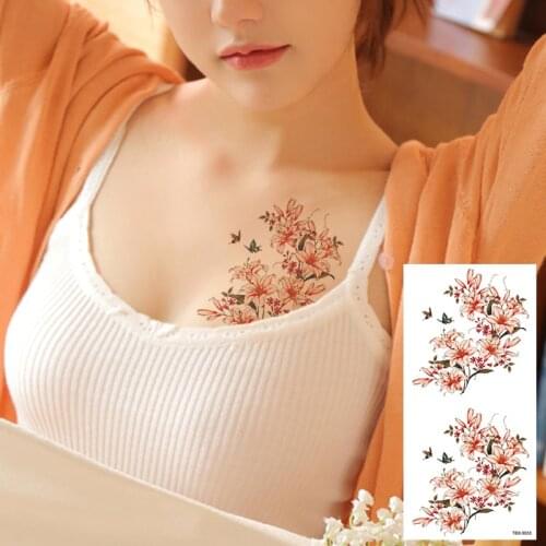 Sexy Pendants Red Flower Tattoo Sticker Women Chest Bracelet Waterproof Tatoo MakeupTemporary Tattoo Under Breast Shoulder DIY