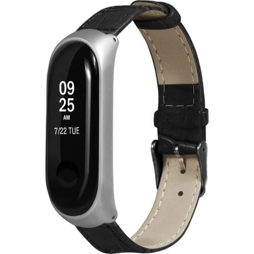 Buckle Section Pattern leather Belt Replacement Wristband and High Gloss Shiny Metal Shell for Xiaomi Bracelet 3