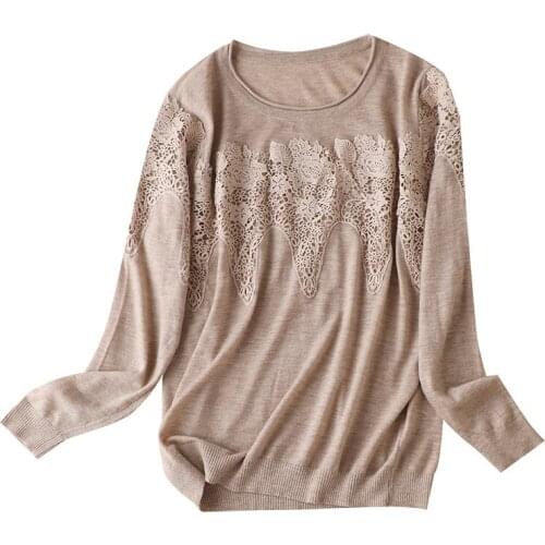 Sweater Womens Autumn and Winter Wear Stitching Lace Sweater Long Sleeve Round Neck Solid Knitted Top Women Office Lady