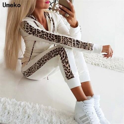 Umeko Autumn Winter 2 Piece Set Women Side Leopard Printed Women Suits Warm 2 Piece Tracksuit Women Tops Hooded Pantsuit Female