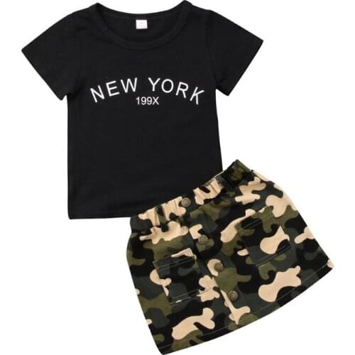 Pudcoco US Stock Toddler Kid Baby Girls 1-4T Dress Set Short Sleeve Print Letter Top T-shirt Short Camouflage Skirts Outfit