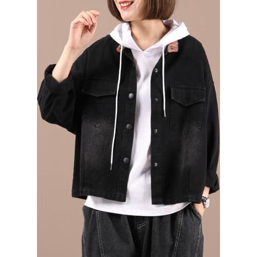 Vintage Single Breasted Jeans Jacket Women Autumn Fashion Stand Collar Long Sleeve Woman Casual Oversized Black Denim Coats e224