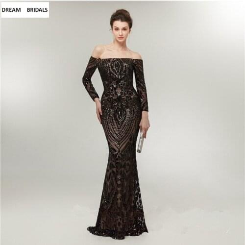 2019 New Arrival Strapless Arabic Evening Party Dresses Dubai Long Sleeves Robe De Soiree Black Sequined Prom Dress Abendkleider
