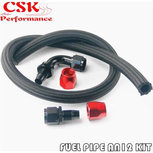 1M 3FT AN12 Stainess Nylon Steel Braided Oil Fuel Line + 90 Deg & 0 Deg Swivel Fittings