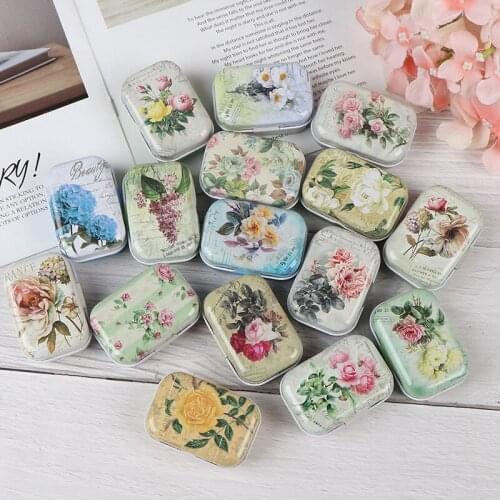 1PC Delicate Vintage Flower Printing Mini Tin Box For Jewelry Wedding Favor Metal Candy Box Decorative Storage Boxes Gift