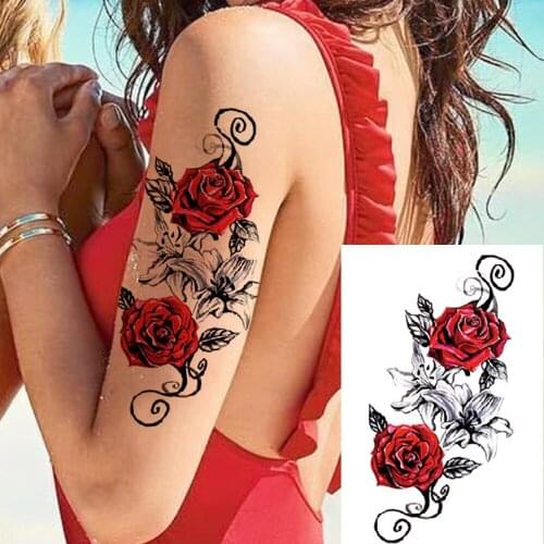 Watercolor cool henna roses flowers temporary tattoo body beautiful shoulder back thigh decoration for body lace owl women tatto