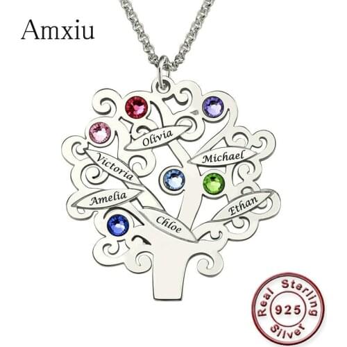 Amxiu Custom Family Team Tree Necklace 925 Sterling Silver Pendant Necklace Engrave Name Birthstone Jewelry For Friends Souvenir