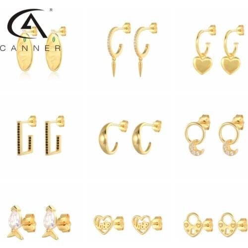 CANNER Multi Style Lovely Moon Geometry Small Earrings For Women 925 Silver Ear Piercing Stud Earrings Jewelry Cz Huggie Earring