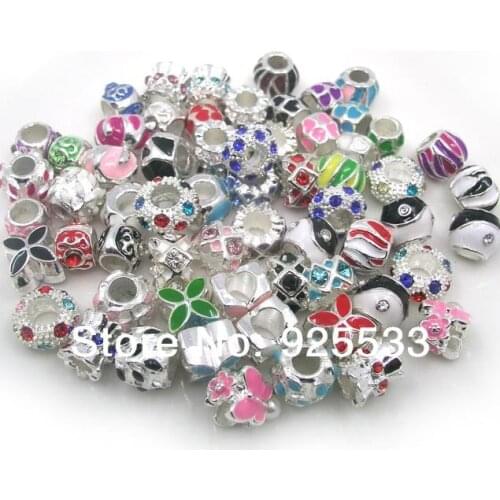 Free shipping 50pcs/lot metal big hole silver plated mix color style oil drip rhinestone beads fit European DIY bracelet jewelry