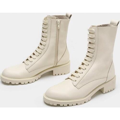 White Genuine Leather Martin Boots Female 2021 Autumn Thick Heel Single Boot Lace-up College Style Ankle Booties Leisure Shoes