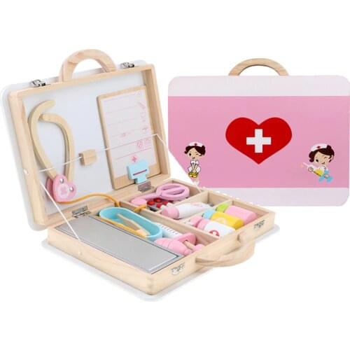 Wooden Medical Kits Toddler Role Play Doctors Playing Set and Accessory Set (15 Pieces), with Carry Case, Pre-kindergarten Toy
