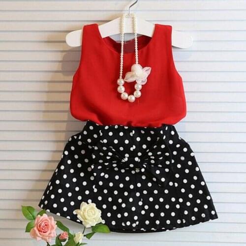 Kids Sets Vest Dot Suit Girls New Bow Tie Girls Cotton vest+ black color Skirt Children Clothes 2-10 Ages Girls Outfits