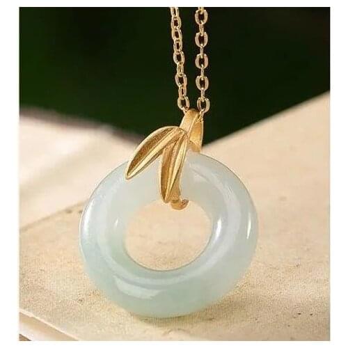 Natural Hetian Jade Simple Bamboo Leaf Peace Buckle Necklace Womens S925 Sterling Silver Gold-Plated Collarbone Necklace Ladies