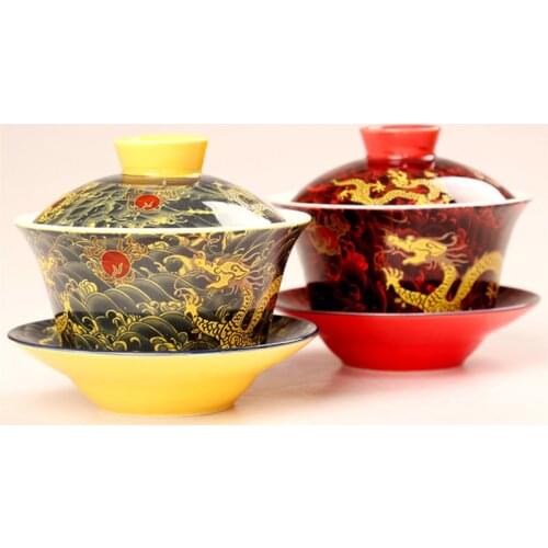 Chinese Hand -painted Joint Bule Tradition Gaiwan Tea Game Covered Dragon Portrait Bowls Kung Fu Tea Bowls