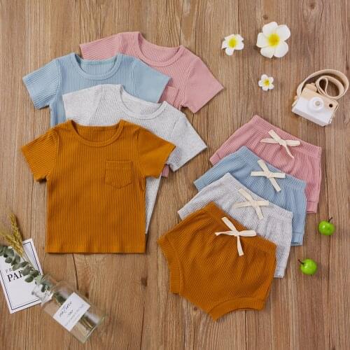 2021 Newborn Baby 2-piece Outfit Set Short Sleeve Solid Color Tops+Shorts Soft Comfortable Set for Kids Boys Girls