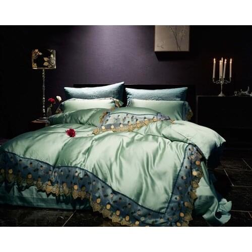 Noble Blue 80S Tencel Embroidered Bedding sets Queen King Luxury Lace Edge Duvet cover Royal Bed sheet set Europe 4/6pcs green