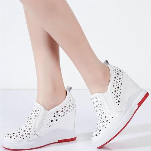 Fashion Sneakers Women Hollow Genuine Leather Wedges High Heel Ankle Boots Female Round Toe Platform Pumps Shoes Casual Shoes