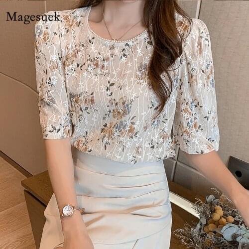 Summer Short Sleeve Chiffon Shirt for Women 2021 Floral O Neck Shirts Office Lady Women Blouse Chiffon Tops Blusas Mujer 9625