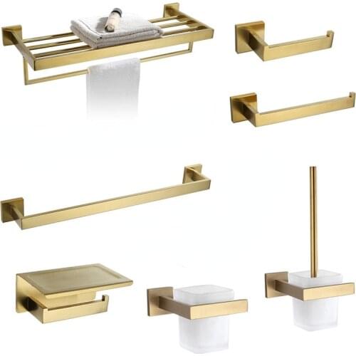 Gold Brushed Bathroom Accessories Hardware Set Towel Bar Rail Toilet Paper Holder Towel Rack Hook Soap Dish Toilet Brush