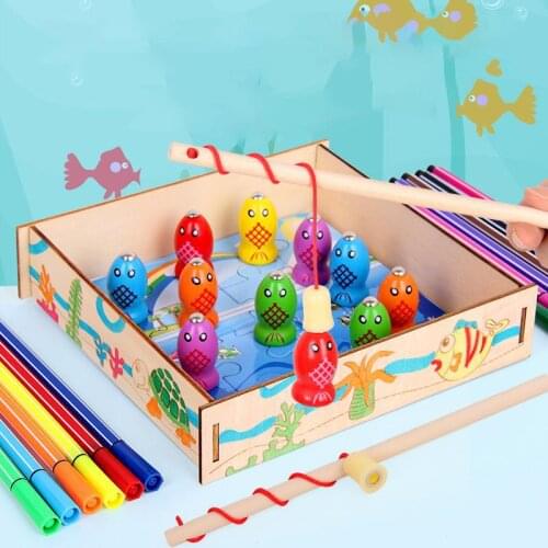 28pcs1 Set Fishing Board Wooden Mini Ocean Crab Fish Puzzle Preschool Magnetic Fishing Toy For Kids Outdoor Toys Plus 1 Puzzle