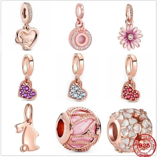 New 925 Sterling Silver Rabbit Royal Pavé Tilted Heart Dangle Charm bead Fit Original Pandora Bracelet DIY Jewelry For Women