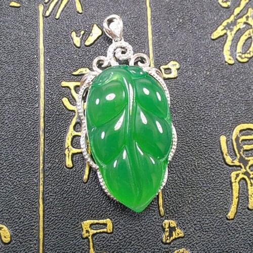 Natural Ice Seed Green Chalcedony Leaf Pendant Women 925 Silver Inlaid Chalcedony Necklace Pendant Jewelry Gift