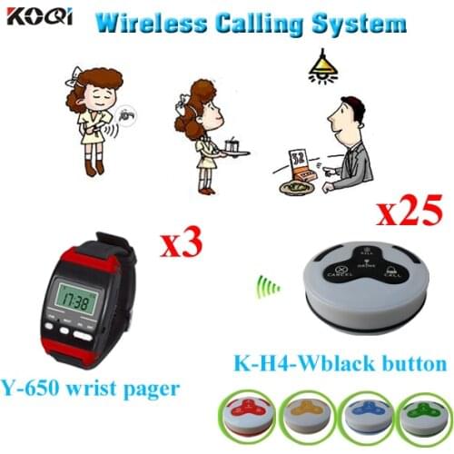 Waiter Server Paging Service System Restaurant Table Calling Waiter Calling Device 3pcs Wrist Pager+25pcs Call Buttons