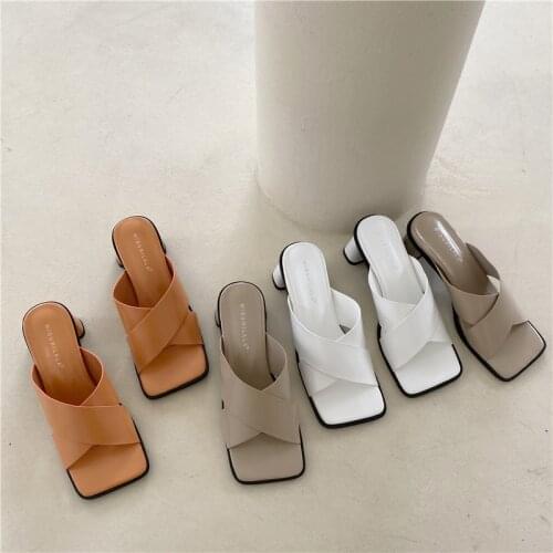 2021 New Summer Women‘s Slippers Square Toe Ladies Heel Mules Sexy Thin High Heels Sandals Slippers Female Fashion Woman Shoes